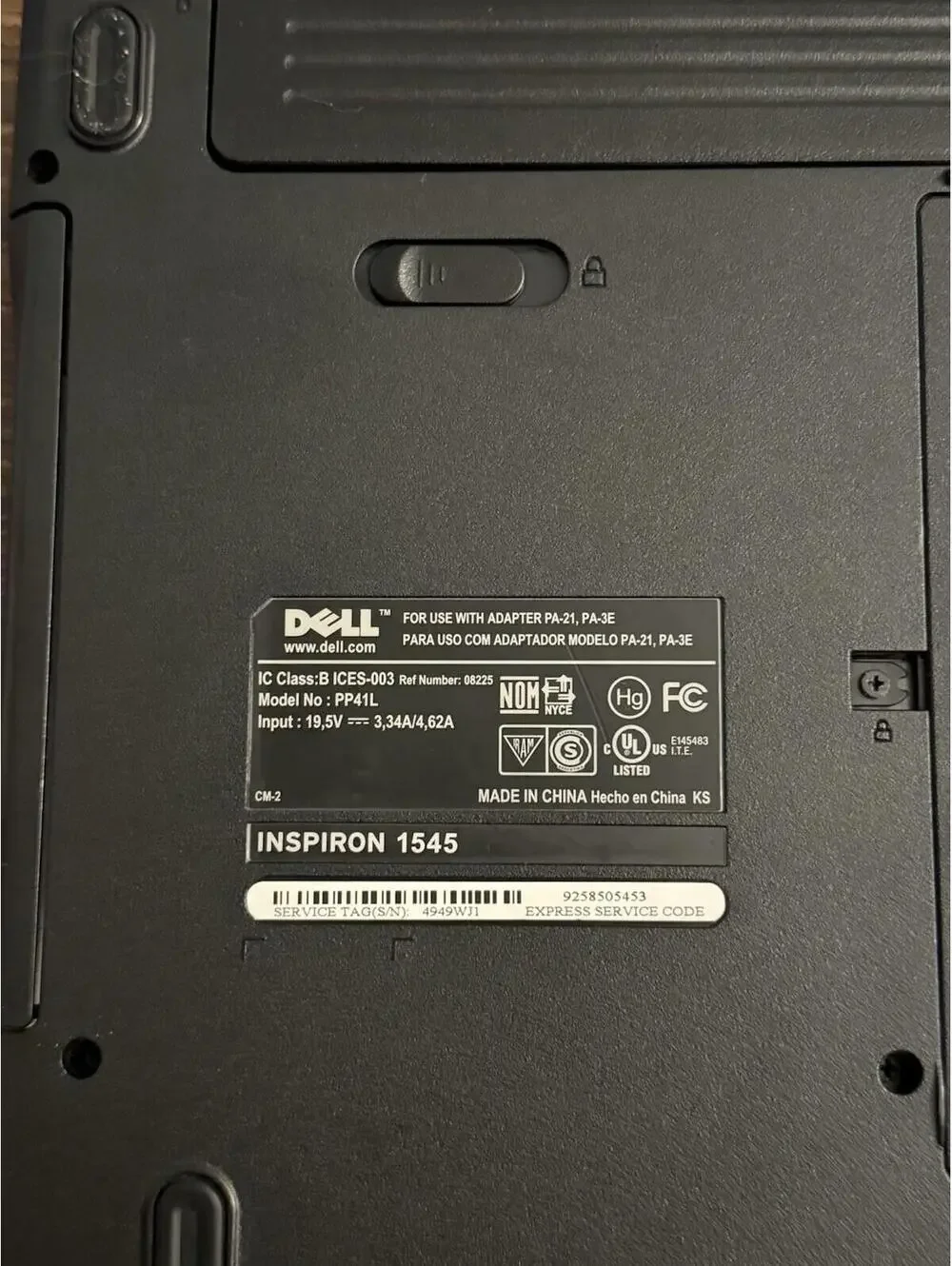 Dell Inspiron 1545 15.6” Core 2 Duo T6500 4GB RAM 320GB HDD Windows 7 W/ Charger